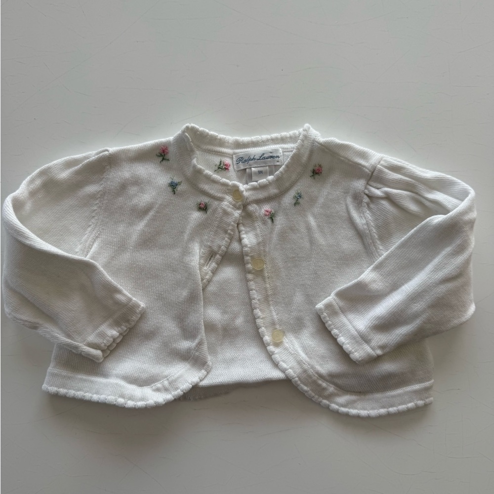 Ralph Lauren Cream Baby Cardigan with Pink & Blue Floral Embroidery